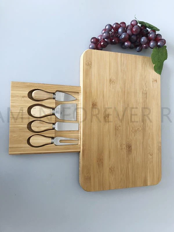 Rectangle Bamboo Chopping Board With Hidden Drawer 4 Piece Knife For Kitchen ,gift , Party Etc