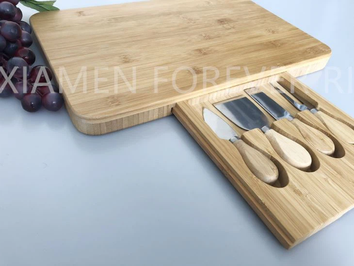 Rectangle Bamboo Chopping Board With Hidden Drawer 4 Piece Knife For Kitchen ,gift , Party Etc